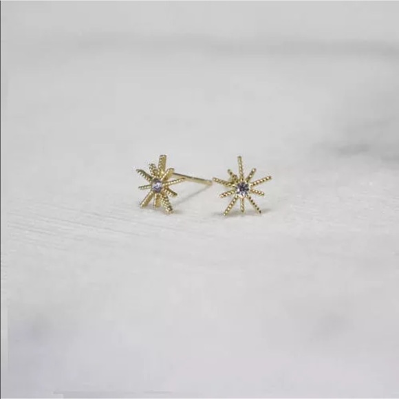 Natural Diamond Starburst Design 14K Gold Studs - Picture 2 of 4